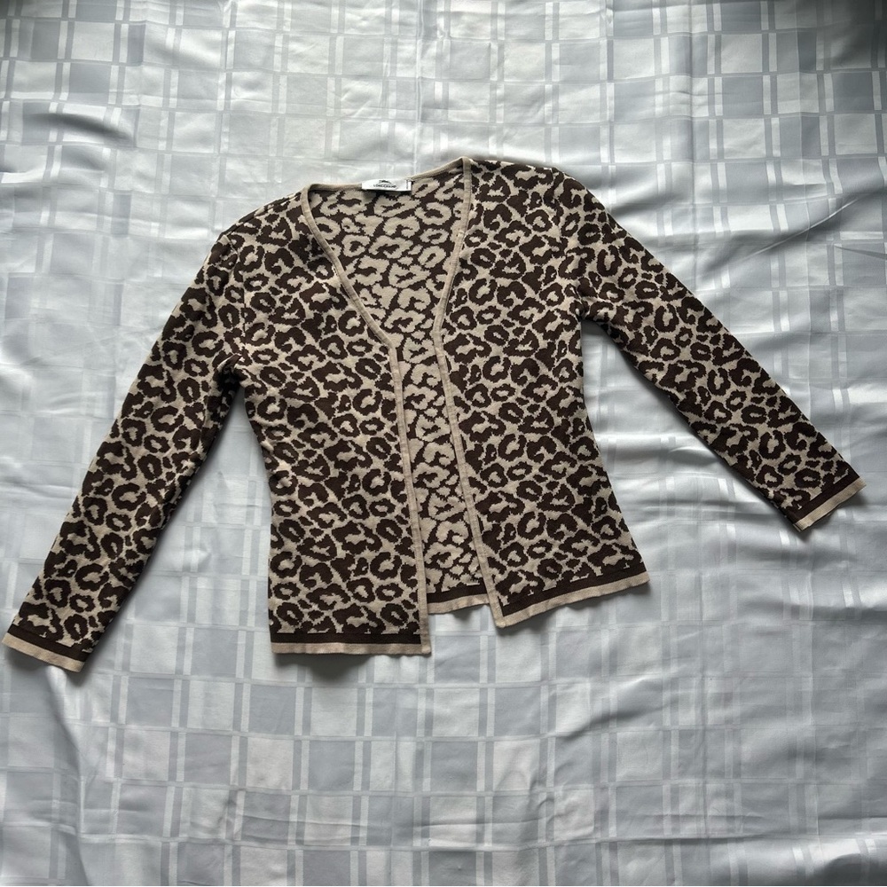 Longchamp Beige and Brown Leopard Print Open Cardigan Sweater
